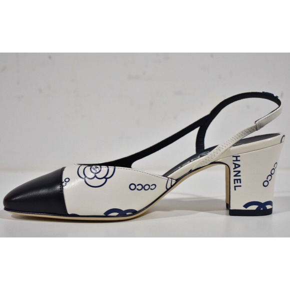 Chanel 23P Mademoiselle Coco Sling White Blue CC Logo Slingback Sandal Heel 37 - Picture 7 of 10